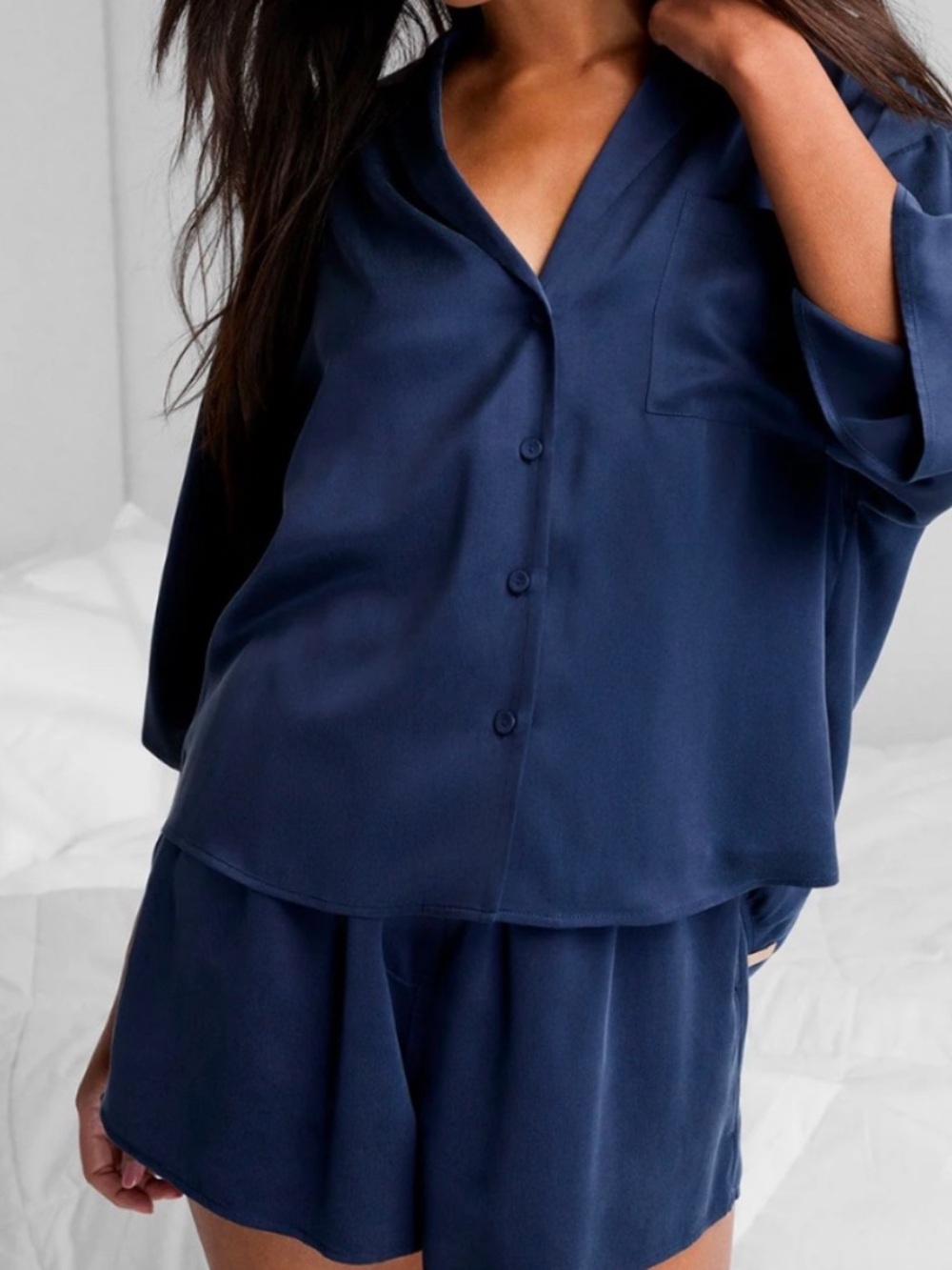 LUNYA BNWT Washable Silk Relaxed Button Up Short Set in Deep Blue Size XS
